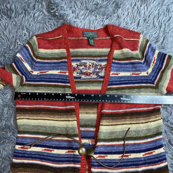 Lauren Ralph Lauren Women M Handknit Linen Blend Cardigan Southwest Stripe Aztec - Picture 3 of 6